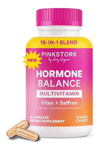 Pink Stork Hormone Balance Supplement for Women | 18-in-1 Multivitamin with Vitex, Saffron, Ashwagandha, Magnesium | Mood, Energy, Cortisol, Adrenal Support | PMS, Perimenopause Support | 60 Capsules