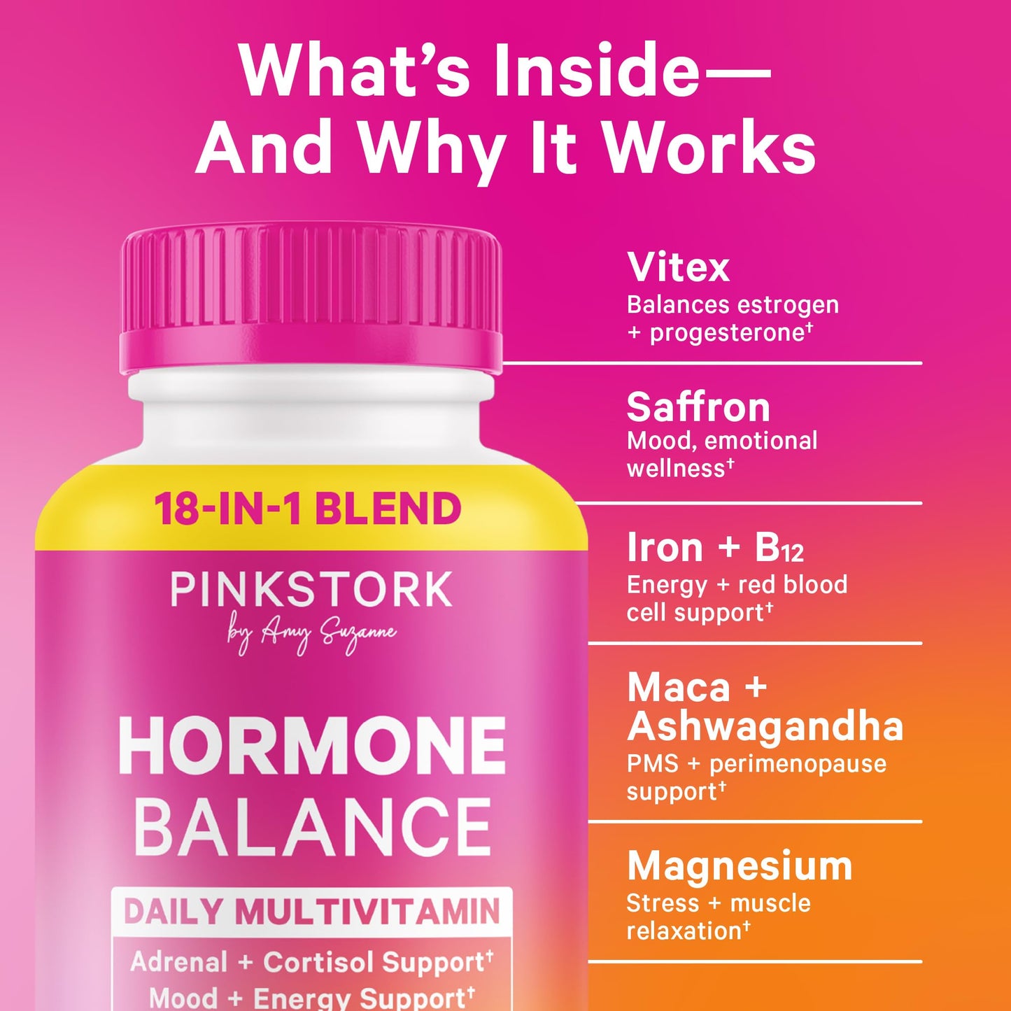 Pink Stork Hormone Balance Supplement for Women | 18-in-1 Multivitamin with Vitex, Saffron, Ashwagandha, Magnesium | Mood, Energy, Cortisol, Adrenal Support | PMS, Perimenopause Support | 60 Capsules