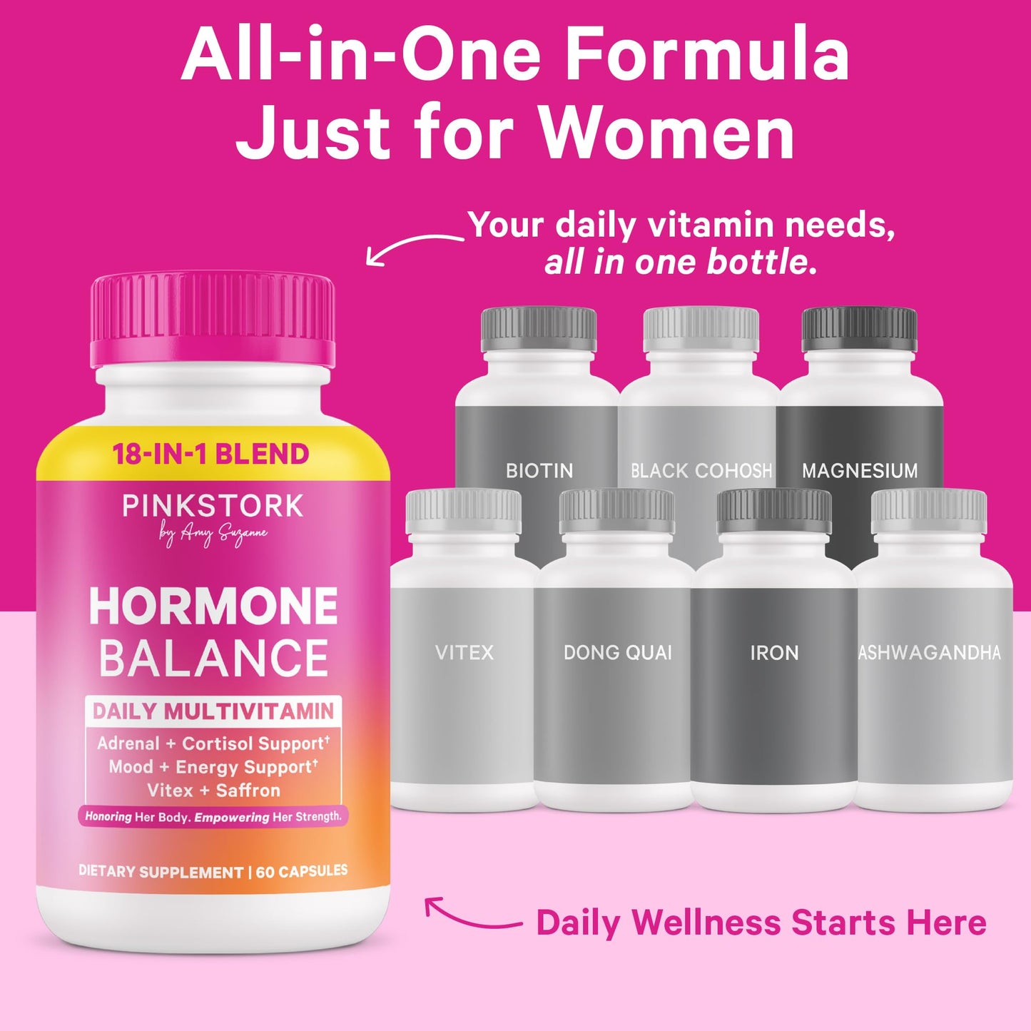 Pink Stork Hormone Balance Supplement for Women | 18-in-1 Multivitamin with Vitex, Saffron, Ashwagandha, Magnesium | Mood, Energy, Cortisol, Adrenal Support | PMS, Perimenopause Support | 60 Capsules