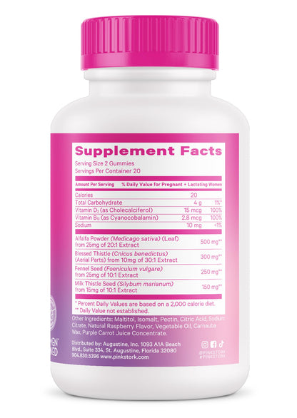Pink Stork Lactation Gummies – Supports Milk Supply with Milk Thistle, Alfalfa, Vitamin D & B12 | Raspberry, 40 Count