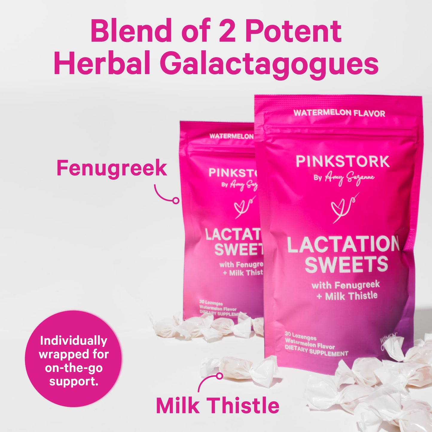 Pink Stork Lactation Sweets – Fenugreek & Milk Thistle for Breast Milk Support – 30 Watermelon Candy Drops (Packaging May Vary)