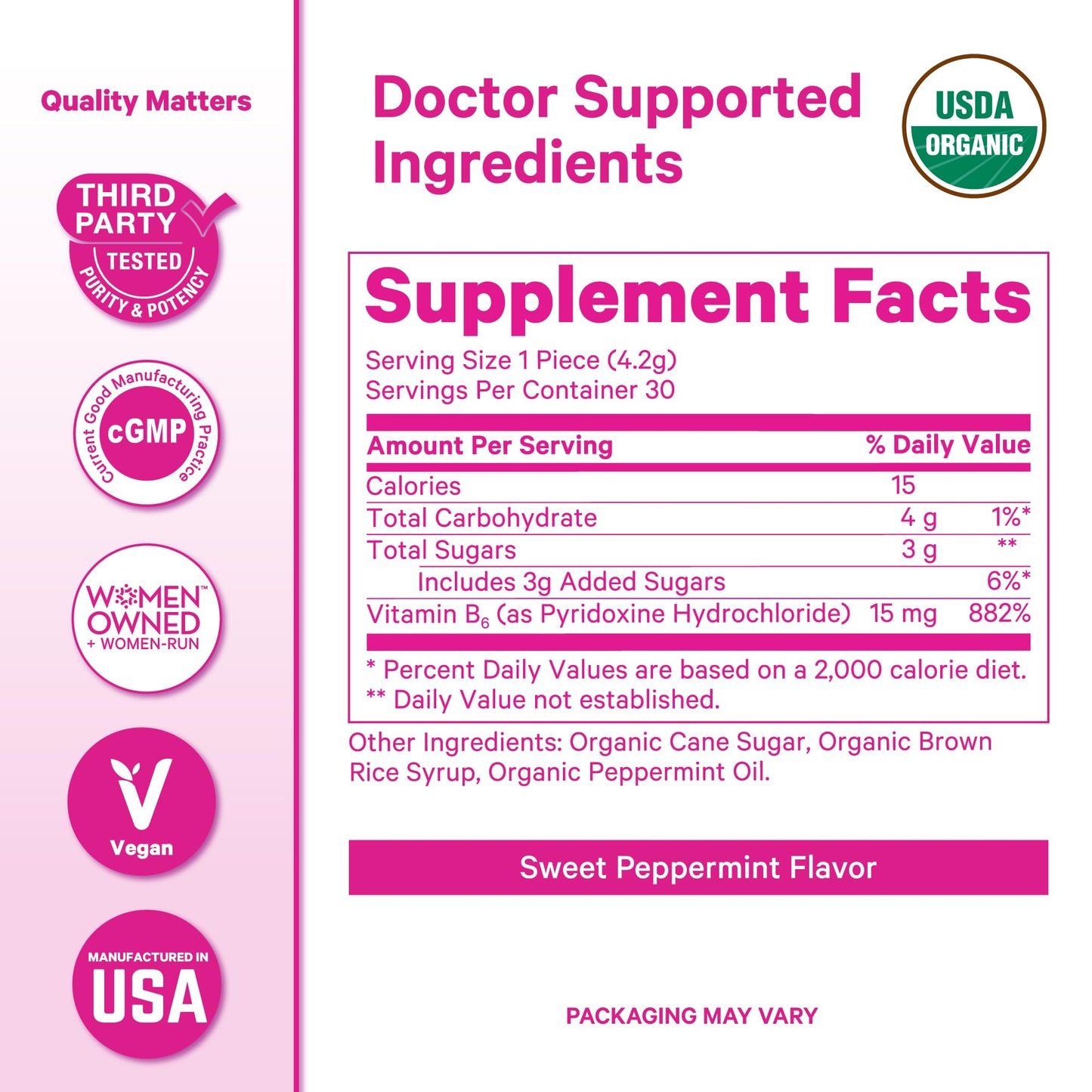 Pink Stork Organic Peppermint Lozenges with Vitamin B6 — Morning & Motion Sickness Support, 30 Wrapped Candies
