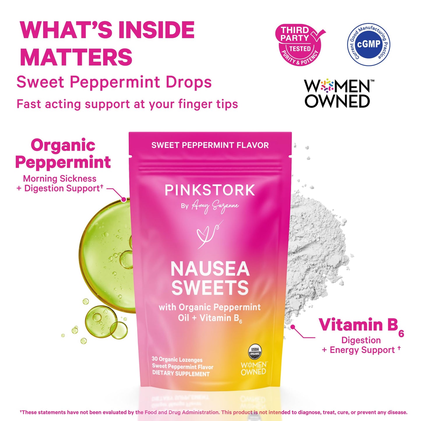 Pink Stork Organic Peppermint Lozenges with Vitamin B6 — Morning & Motion Sickness Support, 30 Wrapped Candies