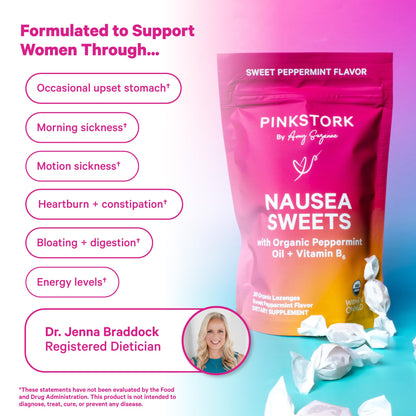 Pink Stork Organic Peppermint Lozenges with Vitamin B6 — Morning & Motion Sickness Support, 30 Wrapped Candies
