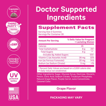 Pink Stork Prenatal Iron Gummies - 20 mg Iron + Vitamin C (Grape)