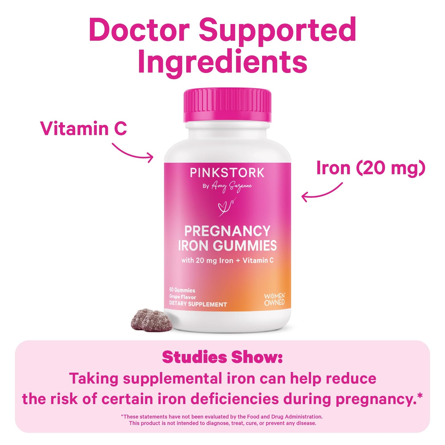 Pink Stork Prenatal Iron Gummies - 20 mg Iron + Vitamin C (Grape)
