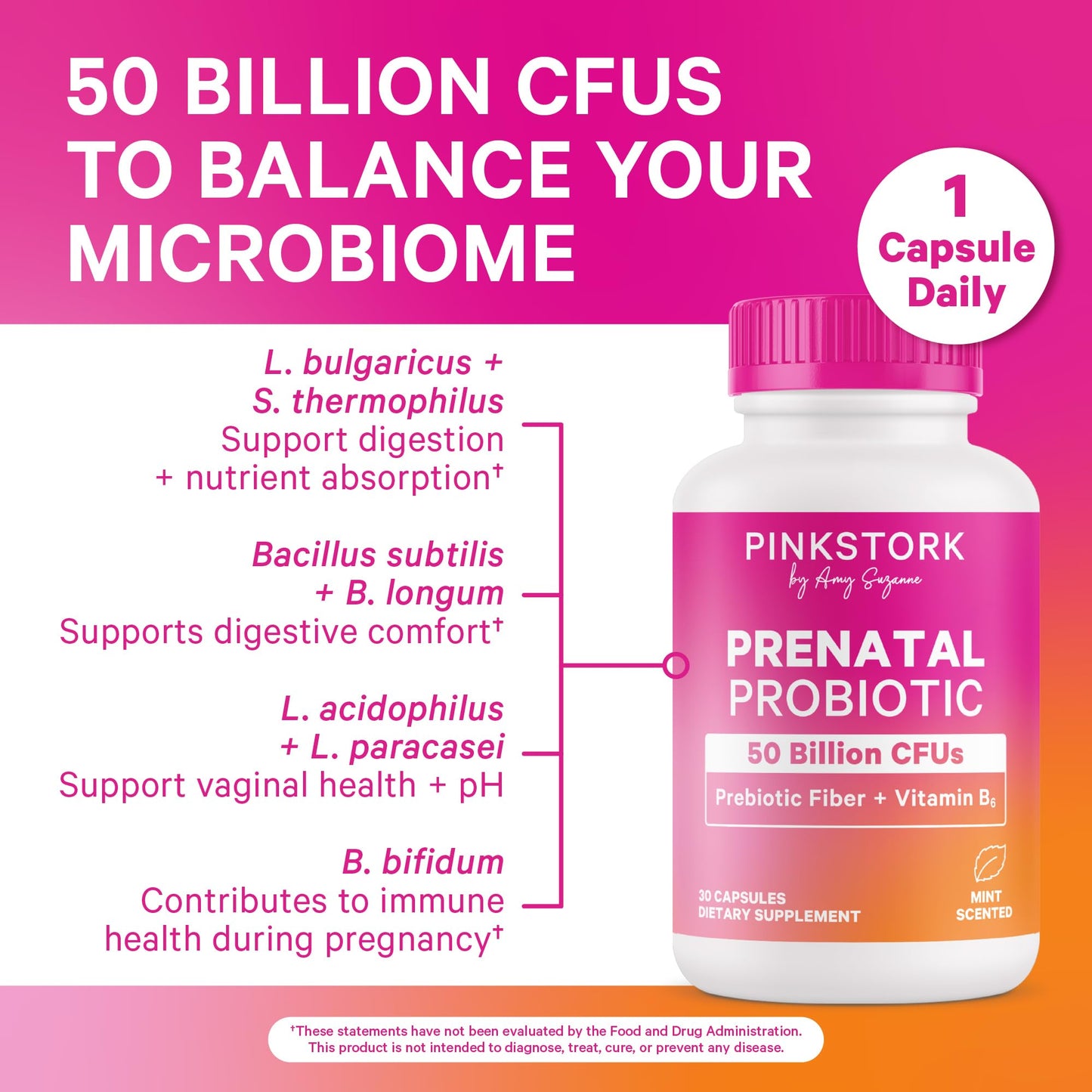 Pink Stork Prenatal Probiotic for Women - 50B CFUs, B6, Mint - 30 Caps