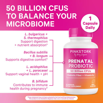 Pink Stork Prenatal Probiotic for Women - 50B CFUs, B6, Mint - 30 Caps