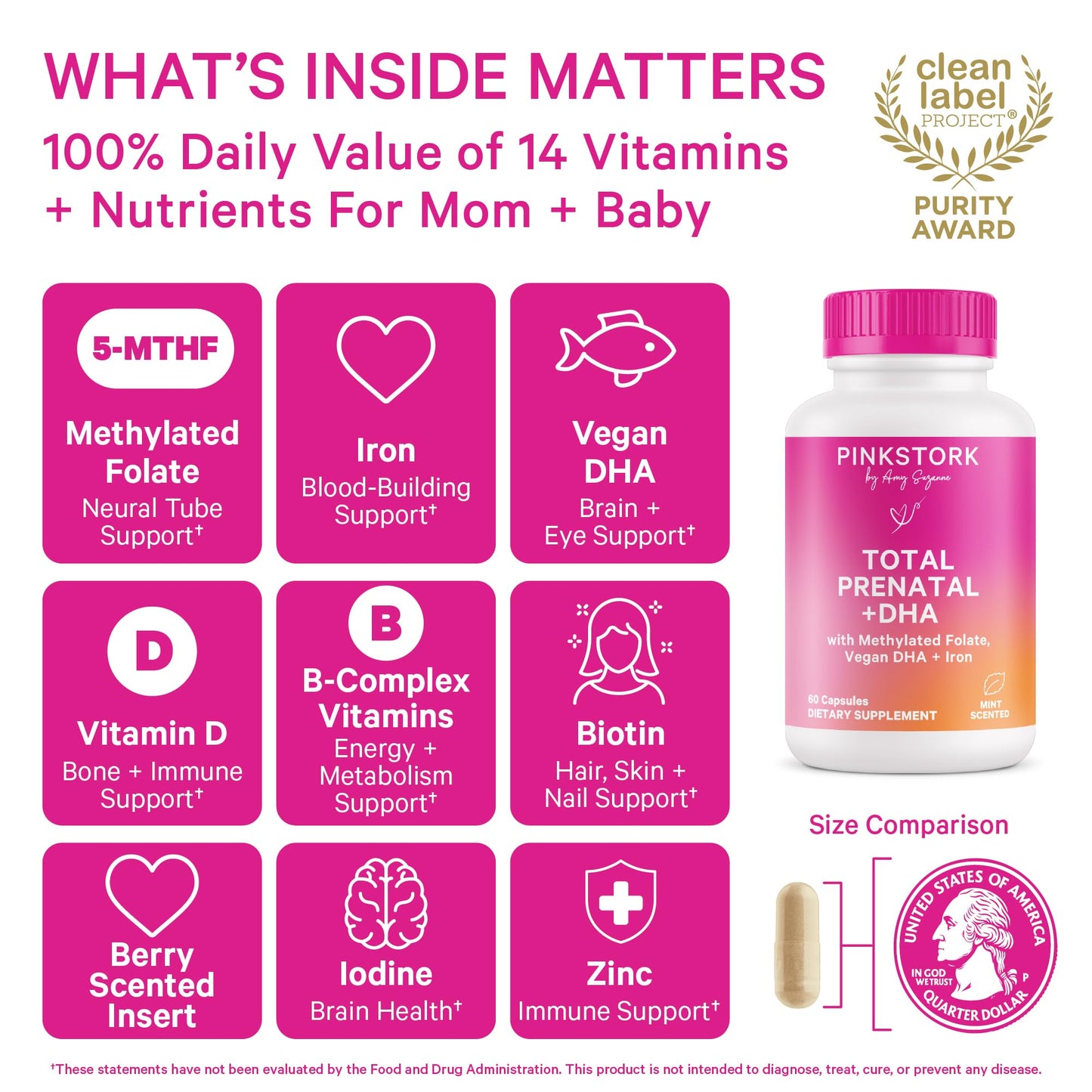 Pink Stork Total Prenatal Vitamins for Women – DHA, Folate & Iron (60 Count) | Doctor-Formulated