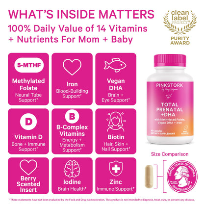 Pink Stork Total Prenatal Vitamins for Women – DHA, Folate & Iron (60 Count) | Doctor-Formulated