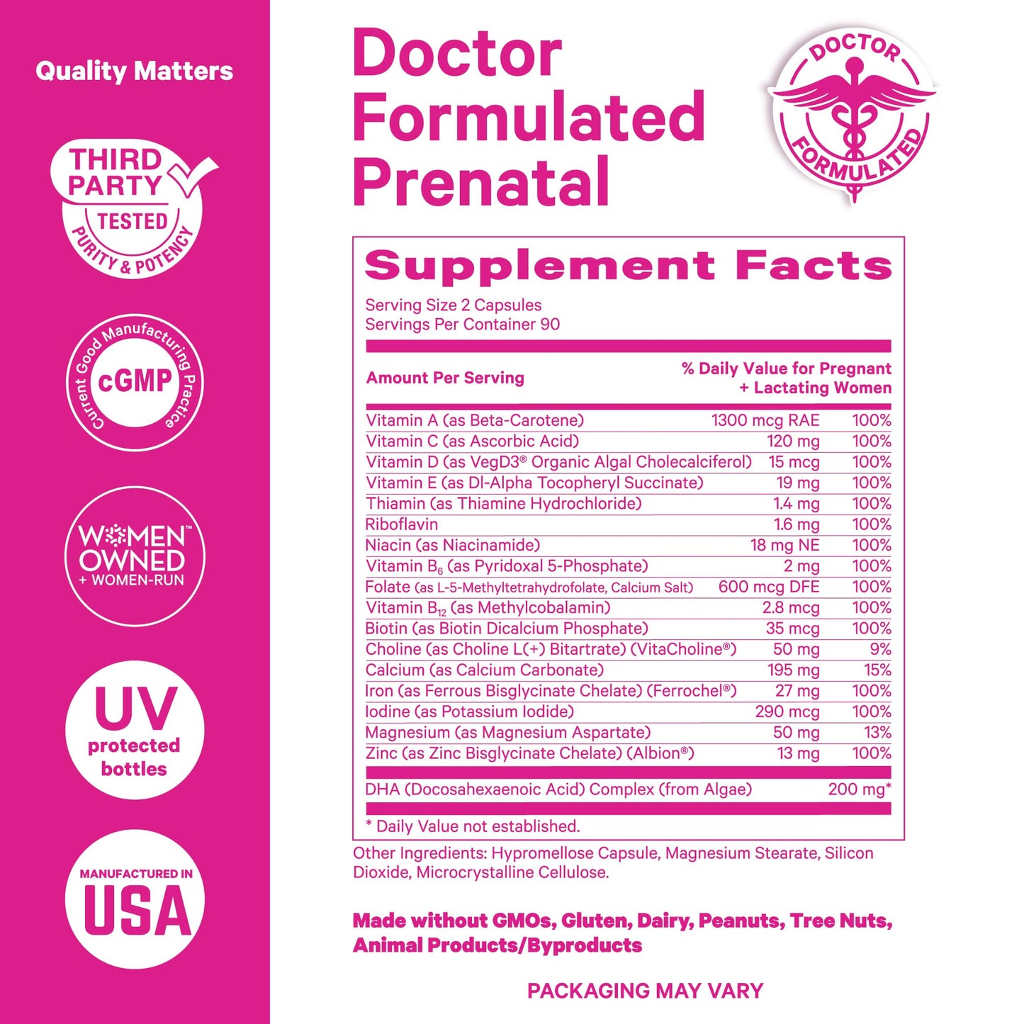 Pink Stork Total Prenatal Vitamins for Women – DHA, Folate & Iron (60 Count) | Doctor-Formulated