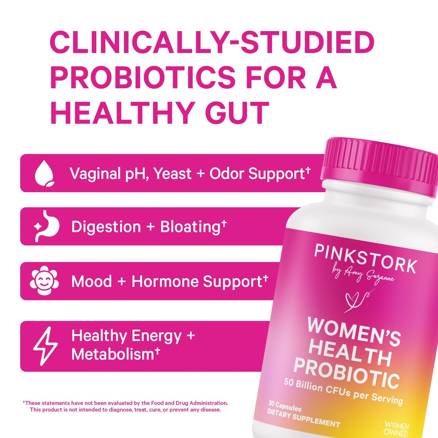 Pink Stork Women’s Health Probiotic, 50 Billion CFU | Clinically Studied Probiotics | Vaginal, Gut, Mood, & Hormone Balance | Yeast & Odor Support | Probiotic and Prebiotic Blend | 30 Vegan Capsules
