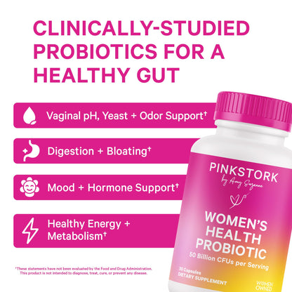 Pink Stork Women’s Health Probiotic, 50 Billion CFU | Clinically Studied Probiotics | Vaginal, Gut, Mood, & Hormone Balance | Yeast & Odor Support | Probiotic and Prebiotic Blend | 30 Vegan Capsules