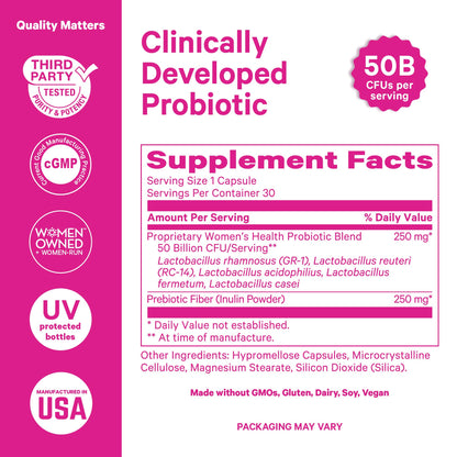 Pink Stork Women’s Health Probiotic, 50 Billion CFU | Clinically Studied Probiotics | Vaginal, Gut, Mood, & Hormone Balance | Yeast & Odor Support | Probiotic and Prebiotic Blend | 30 Vegan Capsules