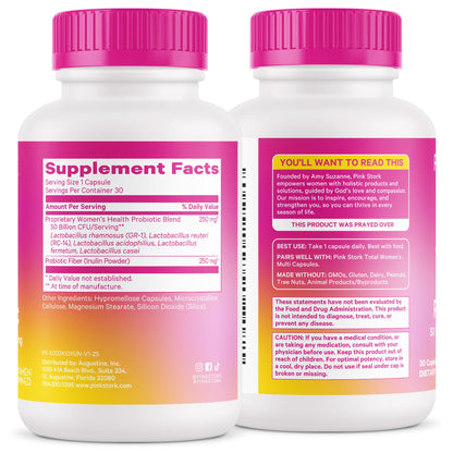 Pink Stork Women’s Health Probiotic, 50 Billion CFU | Clinically Studied Probiotics | Vaginal, Gut, Mood, & Hormone Balance | Yeast & Odor Support | Probiotic and Prebiotic Blend | 30 Vegan Capsules
