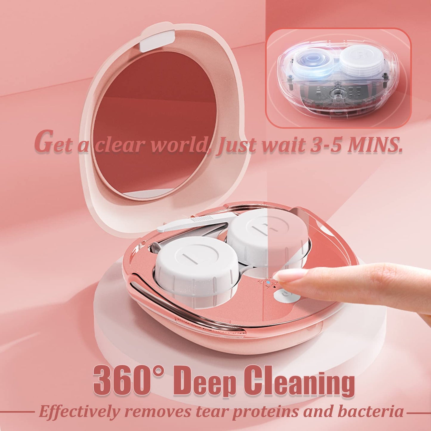 Pink Ultrasonic Contact Lens Cleaner – Portable USB Rechargeable Case Kit