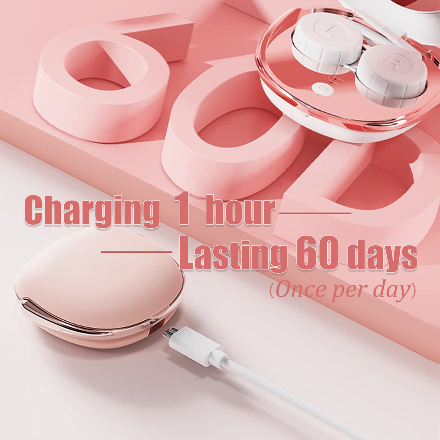 Pink Ultrasonic Contact Lens Cleaner – Portable USB Rechargeable Case Kit