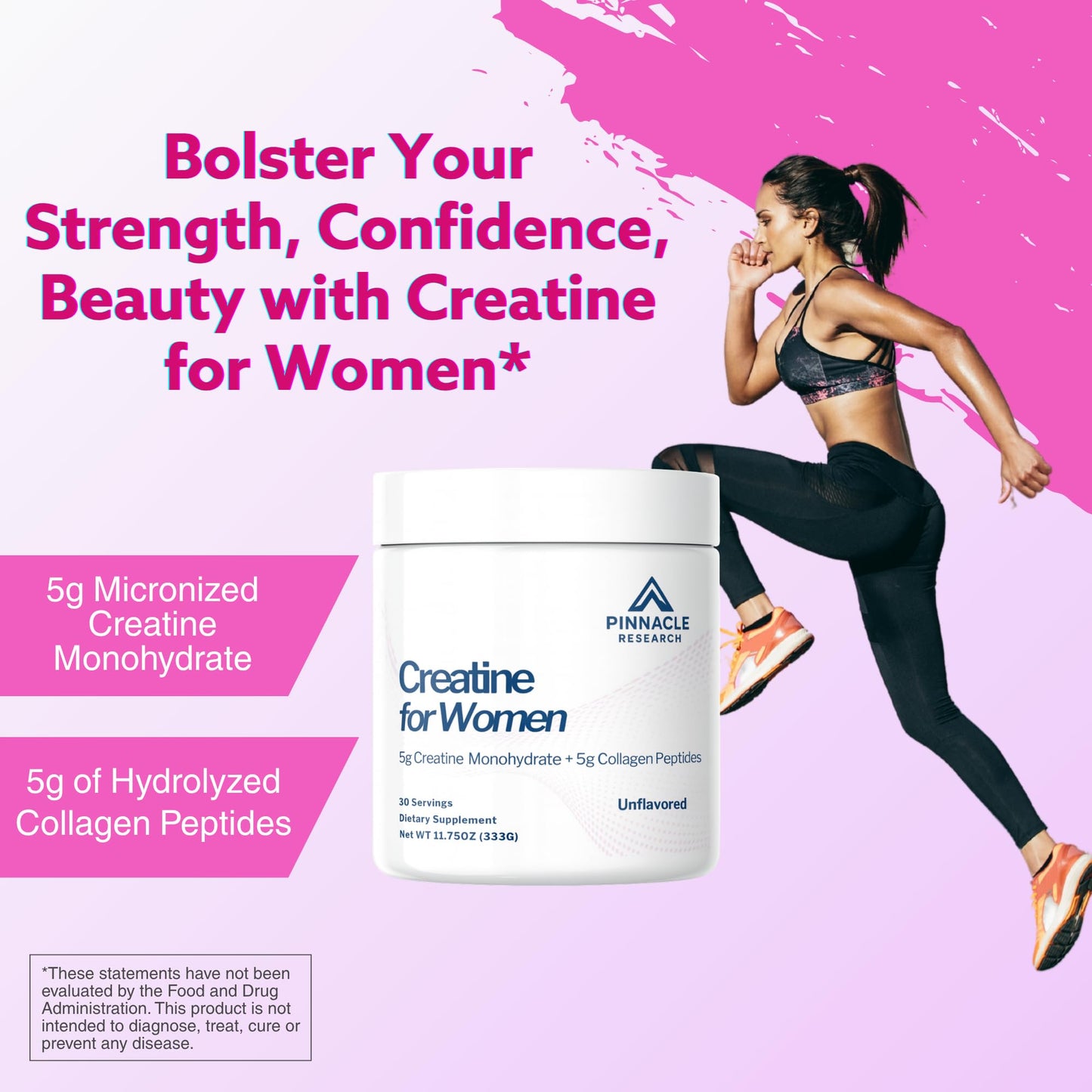 Pinnacle Research Creatine for Women – 5g Creatine Monohydrate + 5g Collagen (Unflavored)