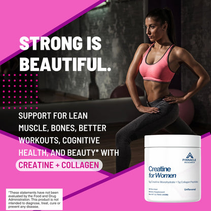 Pinnacle Research Creatine for Women – 5g Creatine Monohydrate + 5g Collagen (Unflavored)