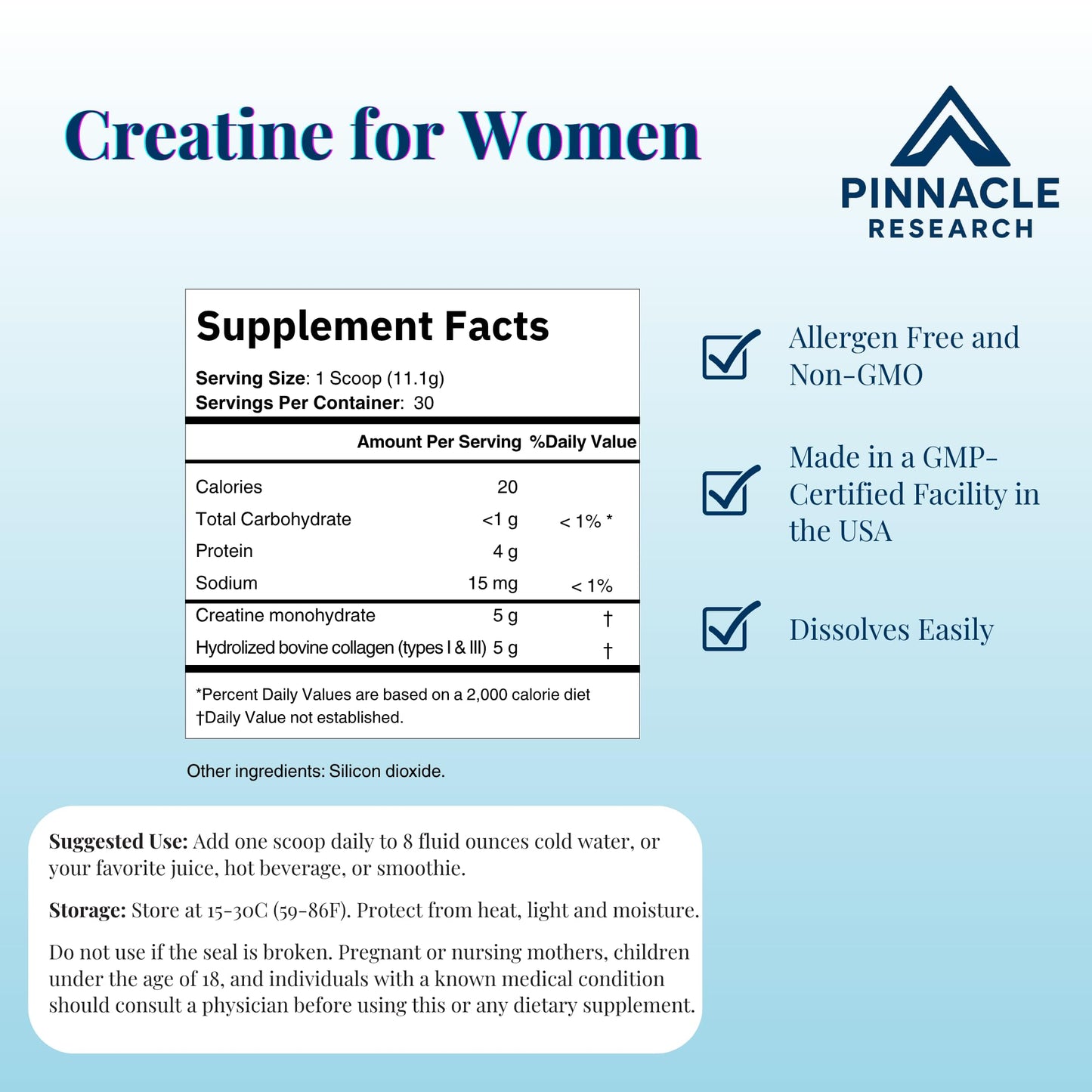 Pinnacle Research Creatine for Women – 5g Creatine Monohydrate + 5g Collagen (Unflavored)