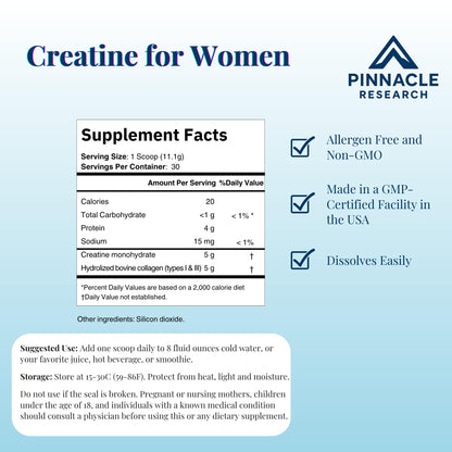 Pinnacle Research Creatine for Women – 5g Creatine Monohydrate + 5g Collagen (Unflavored)