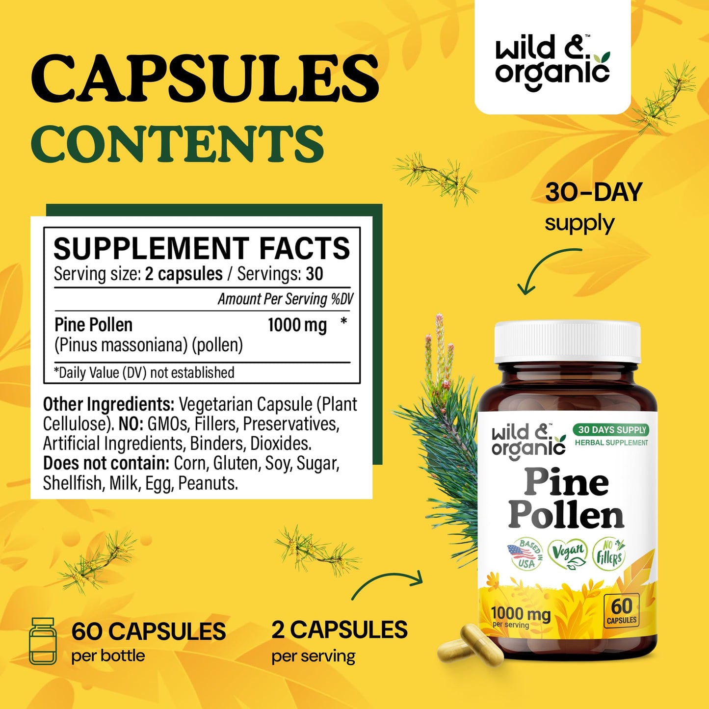 Wild & Organic Pine Pollen for Men Capsules 1000 mg - 60 Count | Vegan, Non-GMO