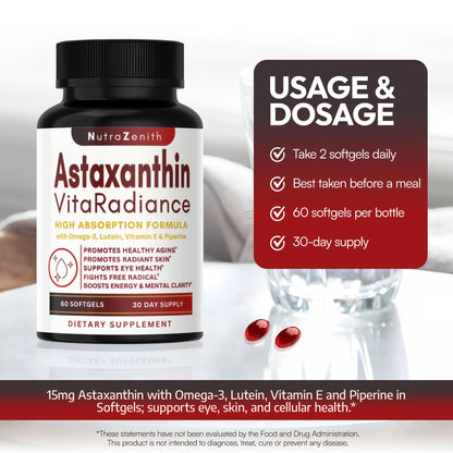 Astaxanthin Supplement with Omega-3, Vitamin E & Lutein – 60 Capsules | Antioxidant Support & Energy