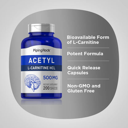 Piping Rock Acetyl L-Carnitine HCL 500 mg – 200 Capsules | Non-GMO & Gluten Free