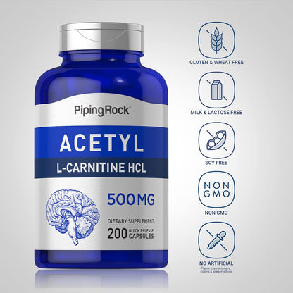Piping Rock Acetyl L-Carnitine HCL 500 mg – 200 Capsules | Non-GMO & Gluten Free