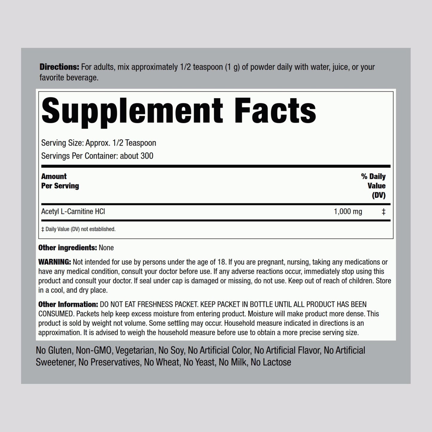 Piping Rock Acetyl L-Carnitine Powder 300g - ALCAR HCl, Non-GMO, Gluten Free