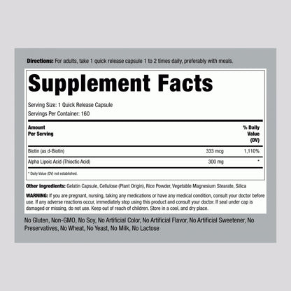 Piping Rock Alpha Lipoic Acid 300mg + Biotin Optimizer – 160 Capsules (Non-GMO, Gluten Free)