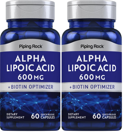 Piping Rock Alpha Lipoic Acid 600mg with Biotin Optimizer | 60 Capsules | Non-GMO Gluten Free | Pack of 2