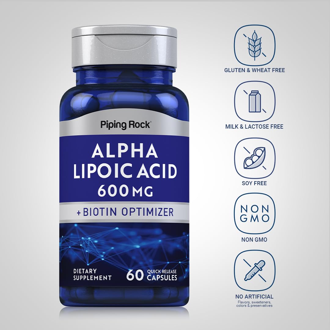 Piping Rock Alpha Lipoic Acid 600mg with Biotin Optimizer | 60 Capsules | Non-GMO Gluten Free | Pack of 2