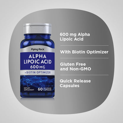 Piping Rock Alpha Lipoic Acid 600mg with Biotin Optimizer | 60 Capsules | Non-GMO Gluten Free | Pack of 2
