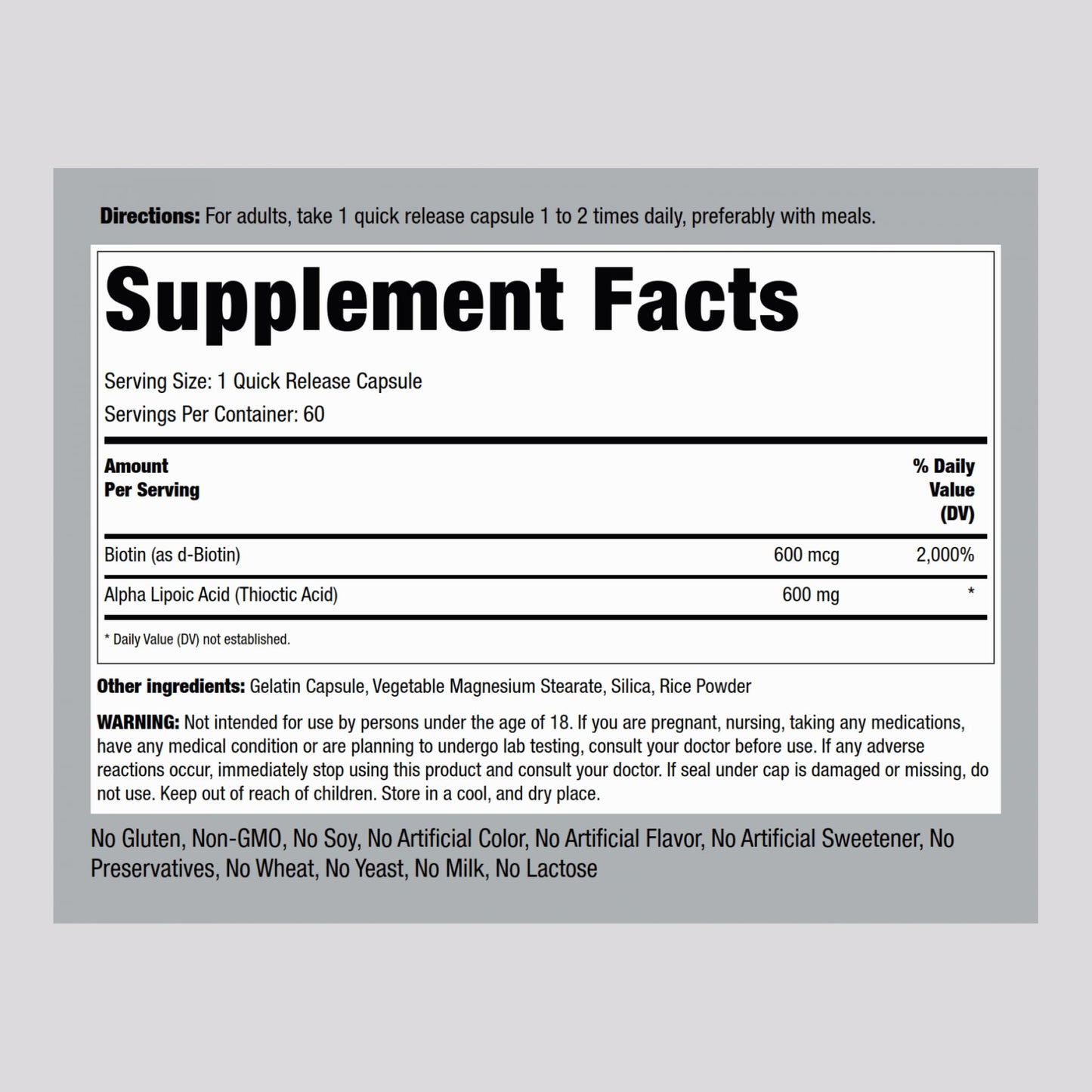 Piping Rock Alpha Lipoic Acid 600mg with Biotin Optimizer | 60 Capsules | Non-GMO Gluten Free | Pack of 2