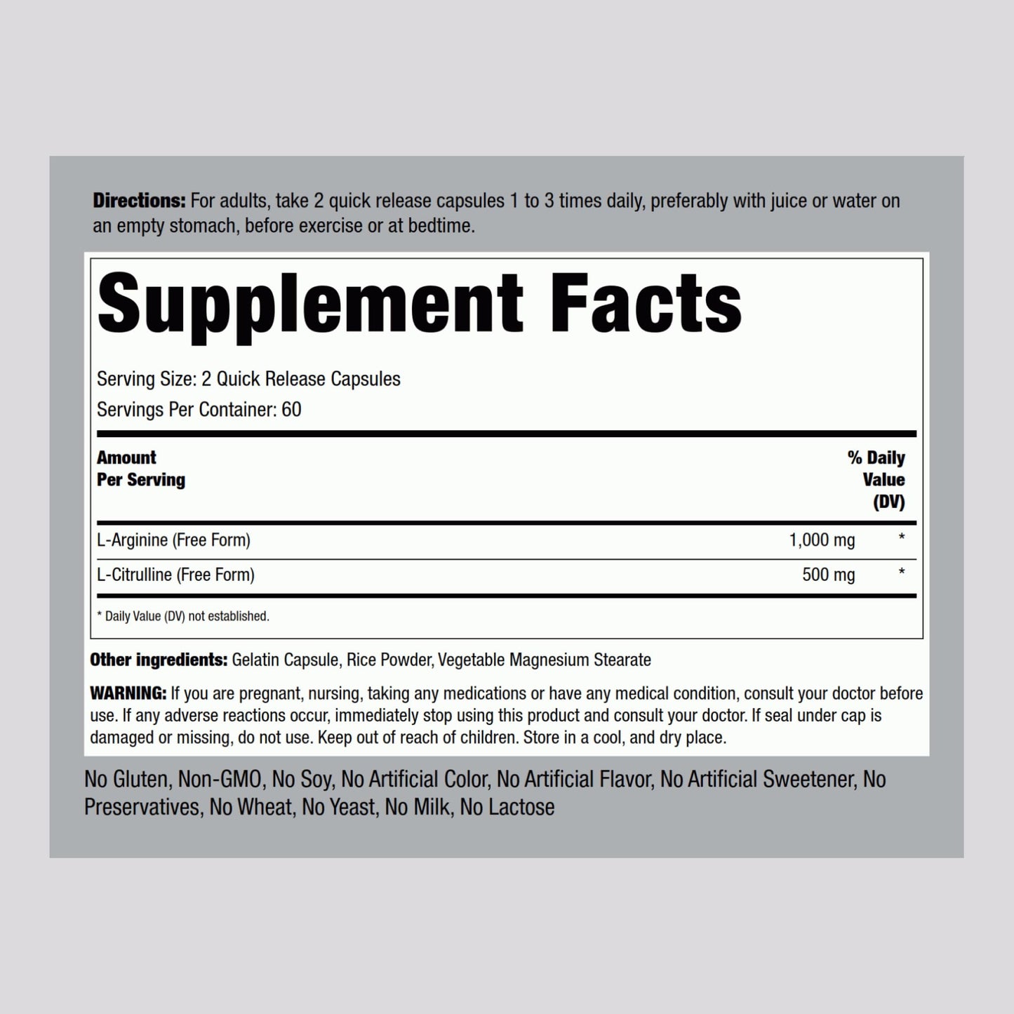 Piping Rock L-Arginine L-Citrulline 1500 mg - 120 Capsules Pack of 2