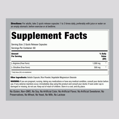 Piping Rock L-Arginine L-Citrulline 1500 mg - 120 Capsules Pack of 2