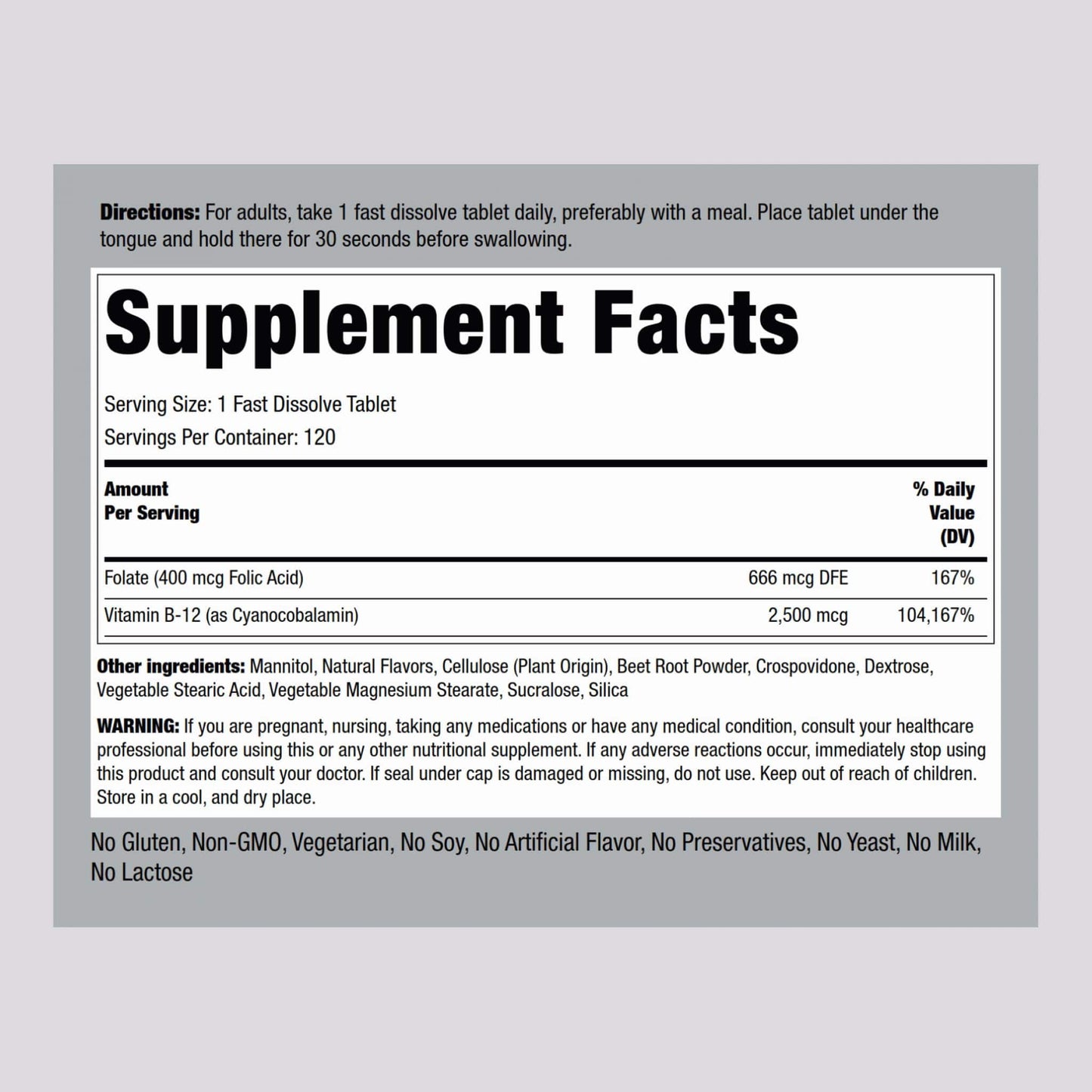 Piping Rock Vitamin B12 Sublingual 2500 mcg – 120 Tablets with Folic Acid, Berry Flavor | Vegetarian, Non-GMO, Gluten Free | Pack of 2