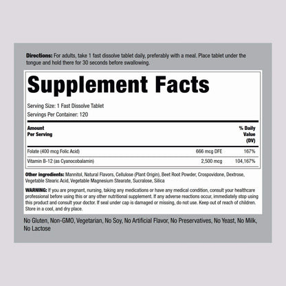 Piping Rock Vitamin B12 Sublingual 2500 mcg – 120 Tablets with Folic Acid, Berry Flavor | Vegetarian, Non-GMO, Gluten Free | Pack of 2
