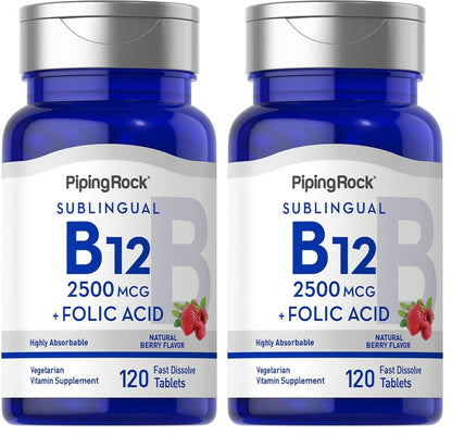 Piping Rock Vitamin B12 Sublingual 2500 mcg – 120 Tablets with Folic Acid, Berry Flavor | Vegetarian, Non-GMO, Gluten Free | Pack of 2