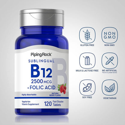 Piping Rock Vitamin B12 Sublingual 2500 mcg – 120 Tablets with Folic Acid, Berry Flavor | Vegetarian, Non-GMO, Gluten Free | Pack of 2