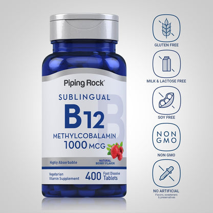 Piping Rock Vitamin B12 Sublingual 1000 mcg | Berry Flavor, 400 Tablets