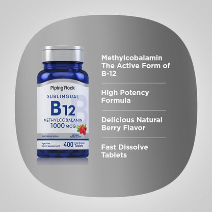 Piping Rock Vitamin B12 Sublingual 1000 mcg | Berry Flavor, 400 Tablets