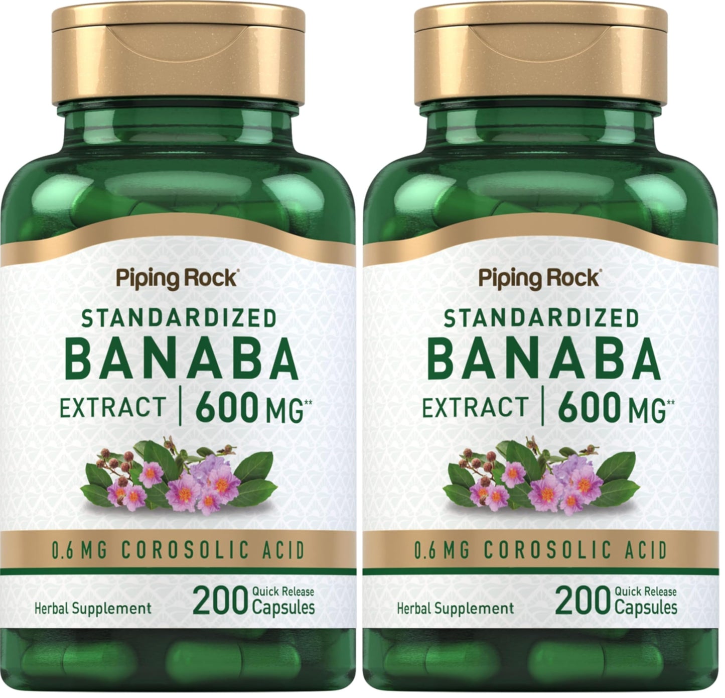 Piping Rock Banaba Leaf Extract Capsules – 600 mg, 200 Count | Corosolic Acid Standardized | Non-GMO & Gluten Free (Pack of 2)