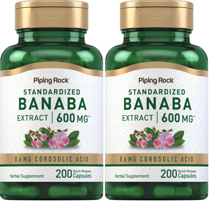 Piping Rock Banaba Leaf Extract Capsules – 600 mg, 200 Count | Corosolic Acid Standardized | Non-GMO & Gluten Free (Pack of 2)
