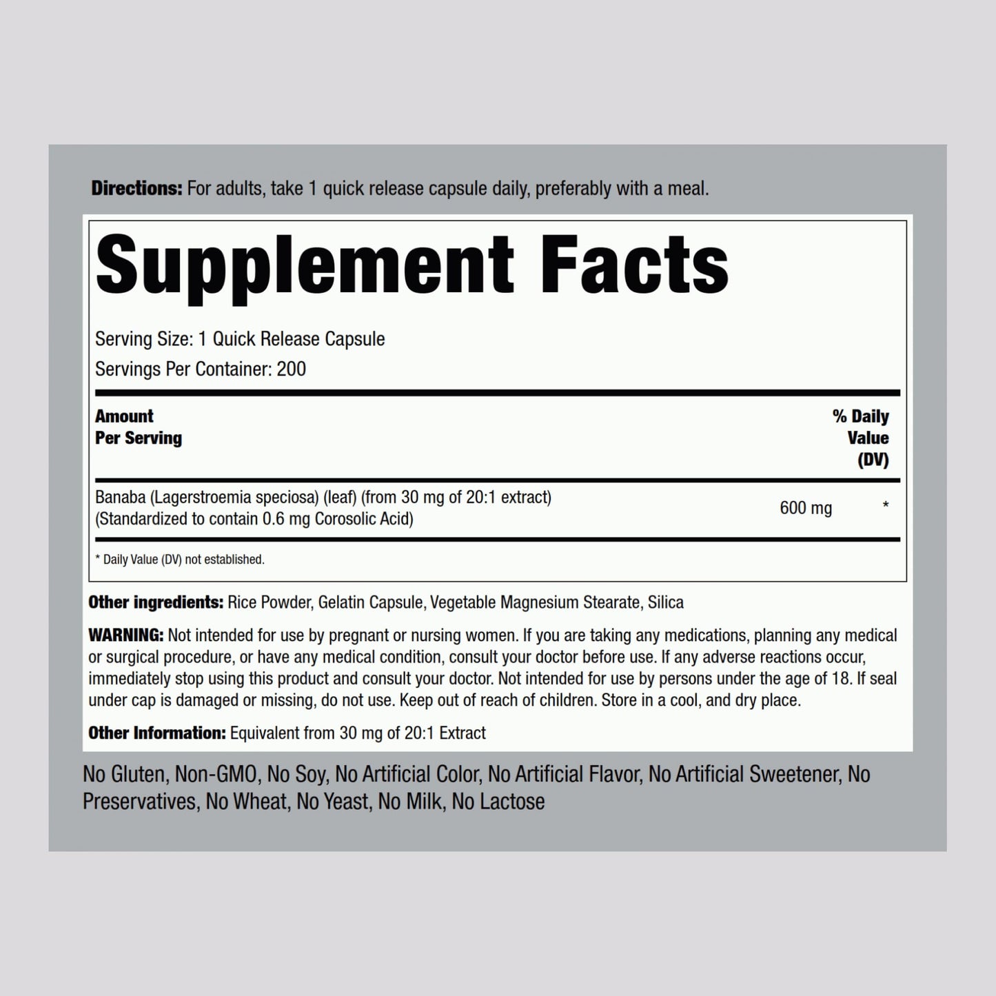 Piping Rock Banaba Leaf Extract Capsules – 600 mg, 200 Count | Corosolic Acid Standardized | Non-GMO & Gluten Free (Pack of 2)