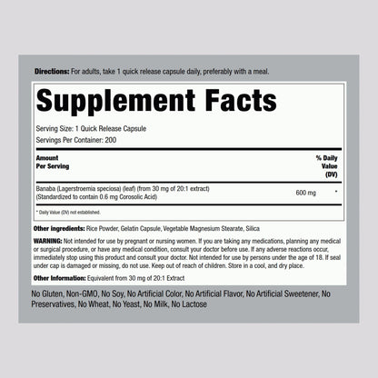 Piping Rock Banaba Leaf Extract Capsules – 600 mg, 200 Count | Corosolic Acid Standardized | Non-GMO & Gluten Free (Pack of 2)