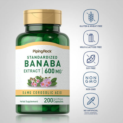 Piping Rock Banaba Leaf Extract Capsules – 600 mg, 200 Count | Corosolic Acid Standardized | Non-GMO & Gluten Free (Pack of 2)