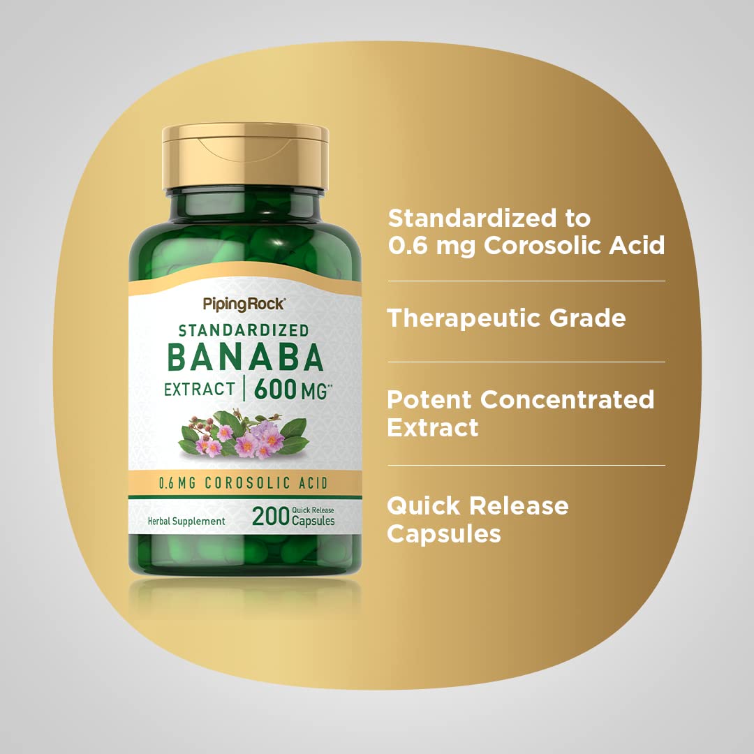 Piping Rock Banaba Leaf Extract Capsules – 600 mg, 200 Count | Corosolic Acid Standardized | Non-GMO & Gluten Free (Pack of 2)