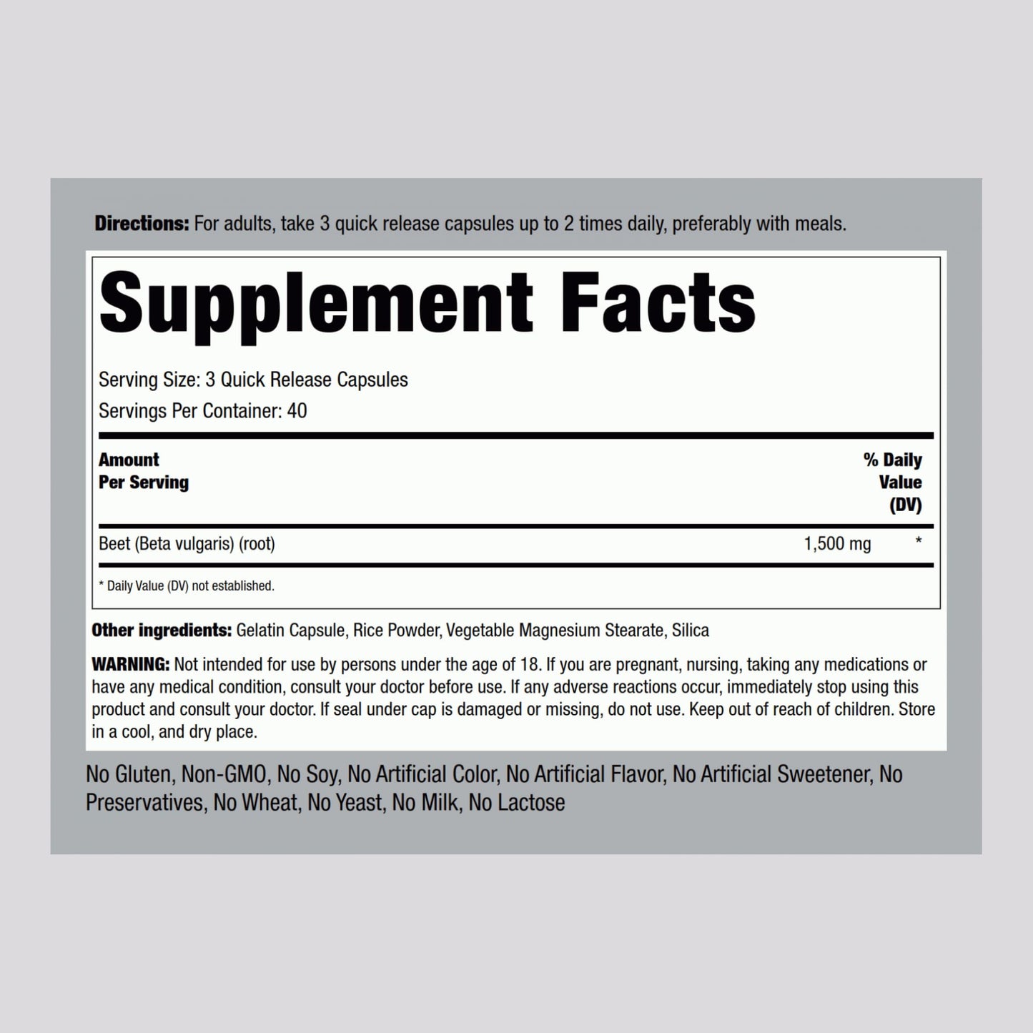 Piping Rock Beet Root Capsules 1500 mg – 120 ct | Non-GMO, Gluten Free